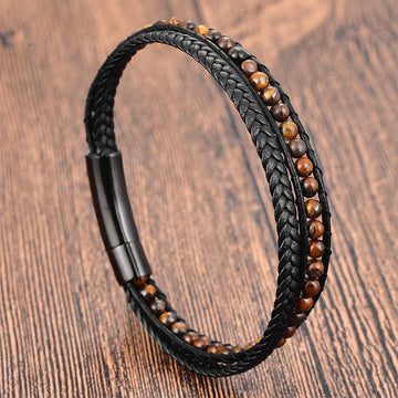 Tiger Eye Titanium Steel Protection Strengthen Leather Bracelet
