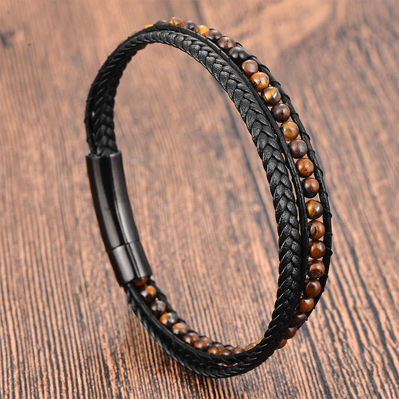 Tiger Eye Titanium Steel Protection Strengthen Leather Bracelet