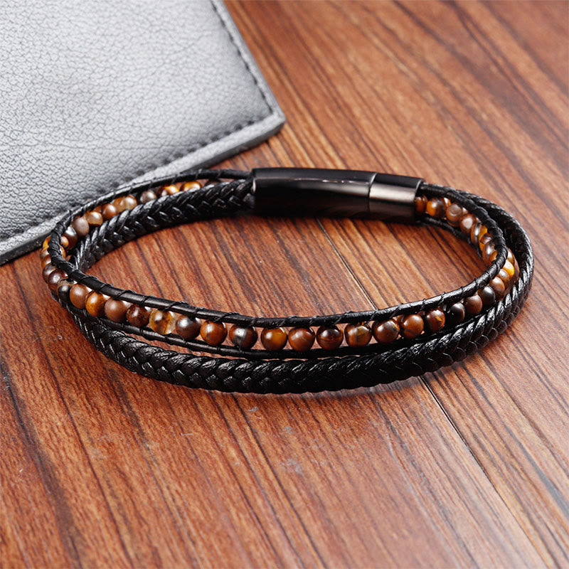 Tiger Eye Titanium Steel Protection Strengthen Leather Bracelet