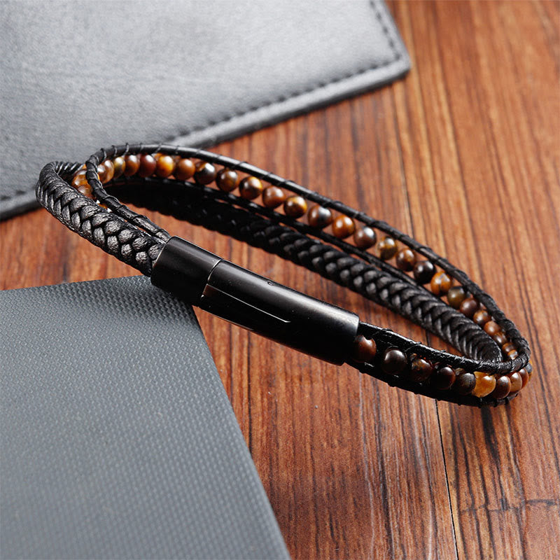 Tiger Eye Titanium Steel Protection Strengthen Leather Bracelet