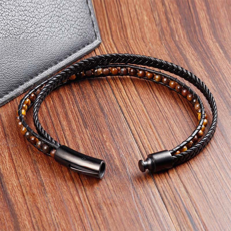 Tiger Eye Titanium Steel Protection Strengthen Leather Bracelet