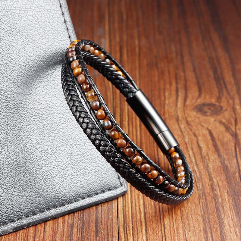 Tiger Eye Titanium Steel Protection Strengthen Leather Bracelet