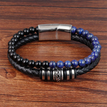 Black Onyx and Lapis Lazuli Titanium Steel Leather Bracelet