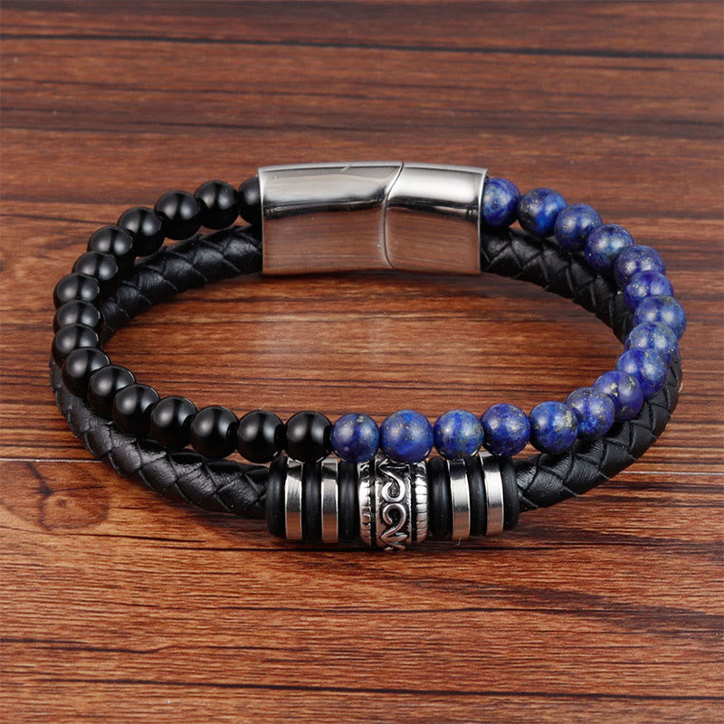 Black Onyx and Lapis Lazuli Titanium Steel Leather Bracelet