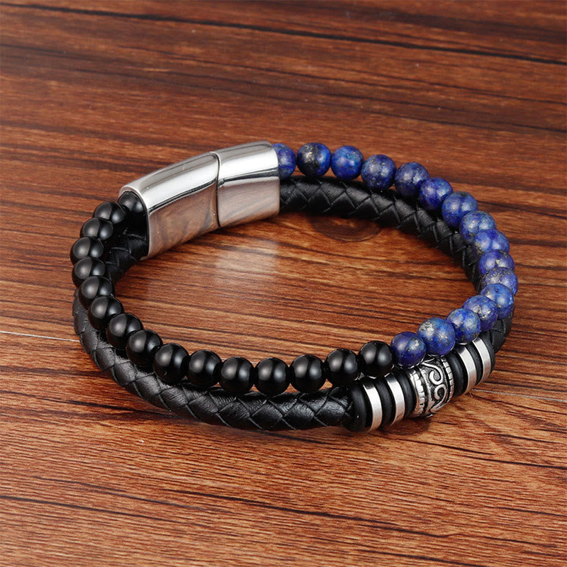 Black Onyx and Lapis Lazuli Titanium Steel Leather Bracelet