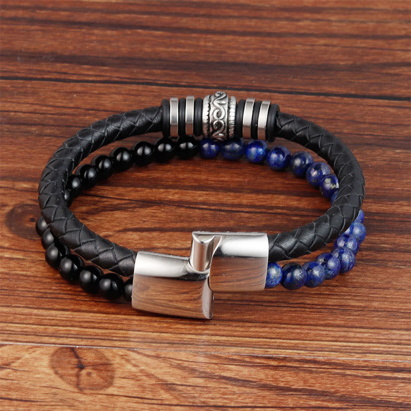 Black Onyx and Lapis Lazuli Titanium Steel Leather Bracelet