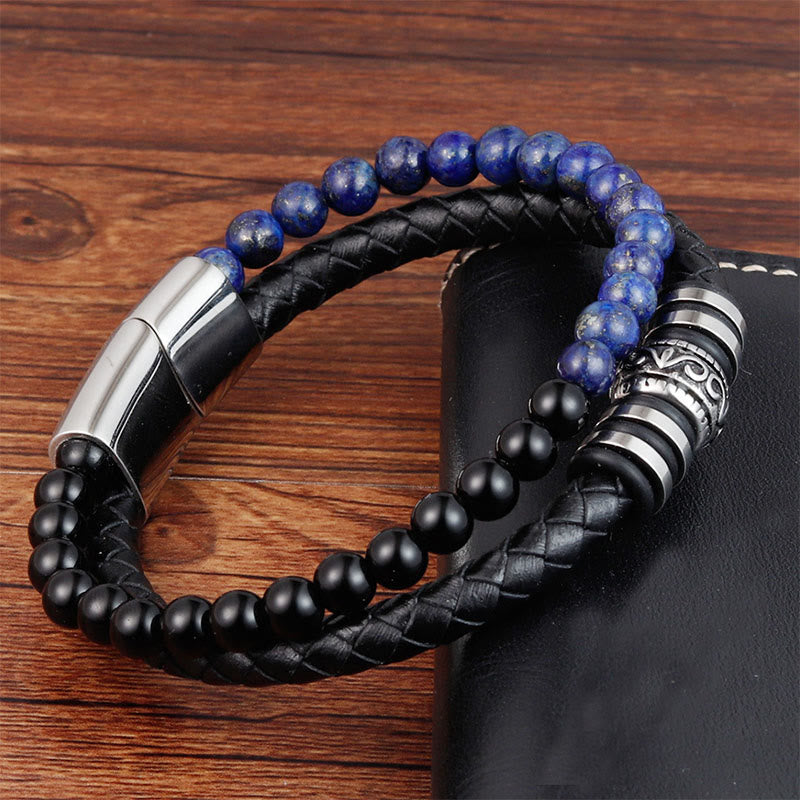 Black Onyx and Lapis Lazuli Titanium Steel Leather Bracelet
