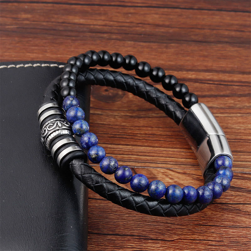 Black Onyx and Lapis Lazuli Titanium Steel Leather Bracelet
