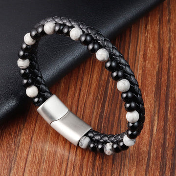 Grounded Stability: Black Onyx & Grey Jasper Titanium Steel Leather Bracelet