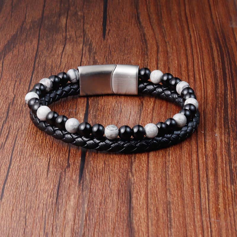 Grounded Stability: Black Onyx & Grey Jasper Titanium Steel Leather Bracelet