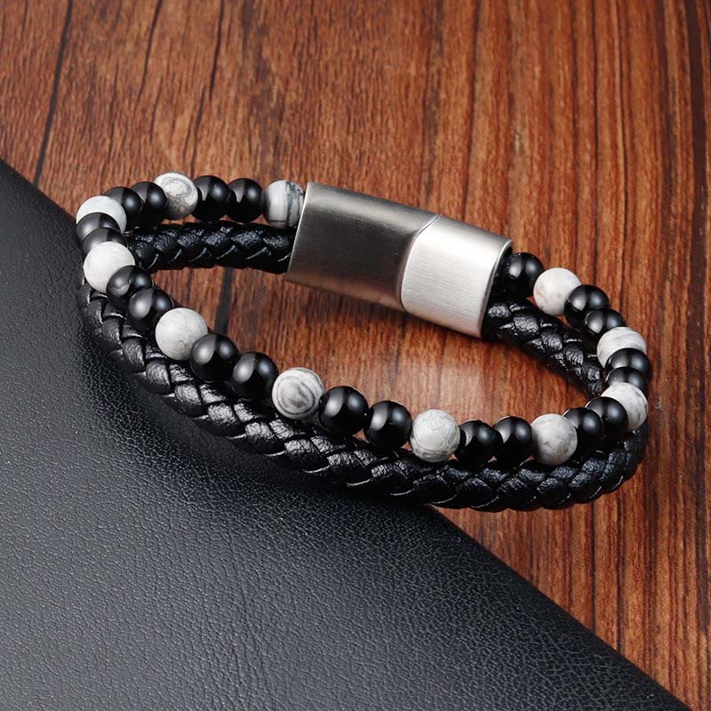 Grounded Stability: Black Onyx & Grey Jasper Titanium Steel Leather Bracelet