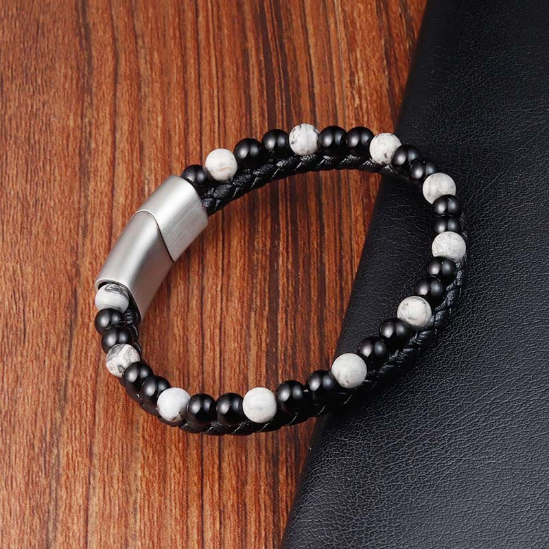 Grounded Stability: Black Onyx & Grey Jasper Titanium Steel Leather Bracelet