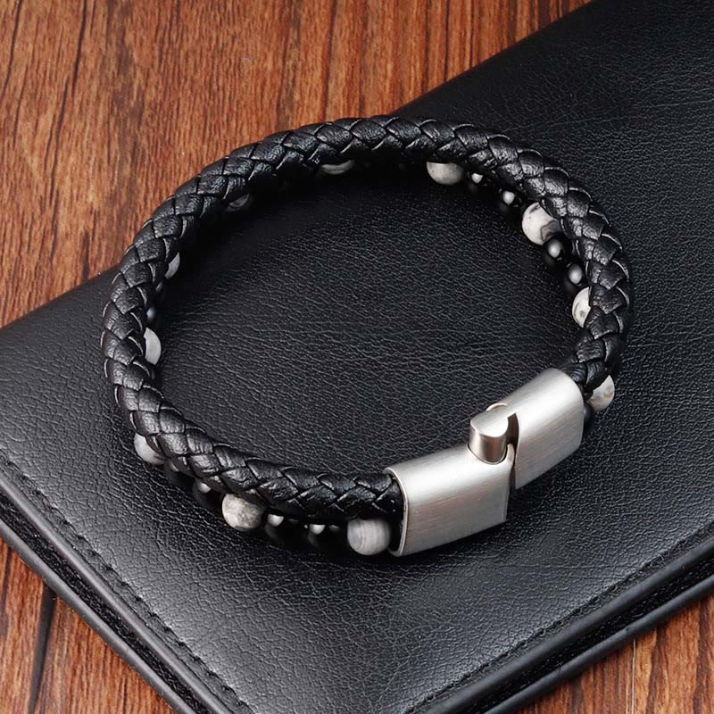 Grounded Stability: Black Onyx & Grey Jasper Titanium Steel Leather Bracelet
