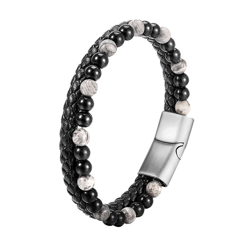 Grounded Stability: Black Onyx & Grey Jasper Titanium Steel Leather Bracelet