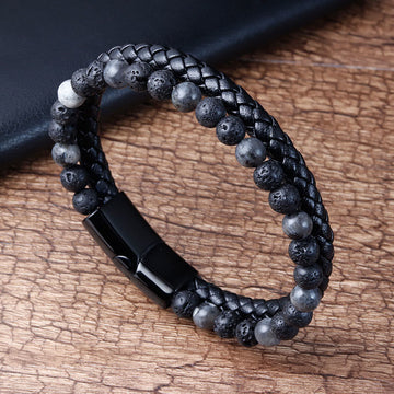 Lava Stone and Titanium Steel Leather Anchor Bracelet