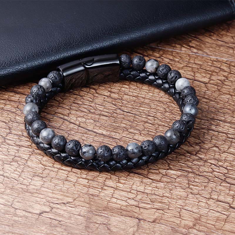 Lava Stone and Titanium Steel Leather Anchor Bracelet