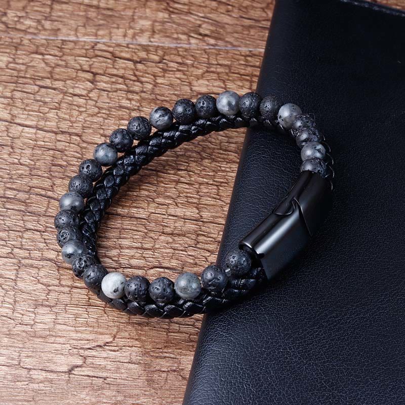 Lava Stone and Titanium Steel Leather Anchor Bracelet