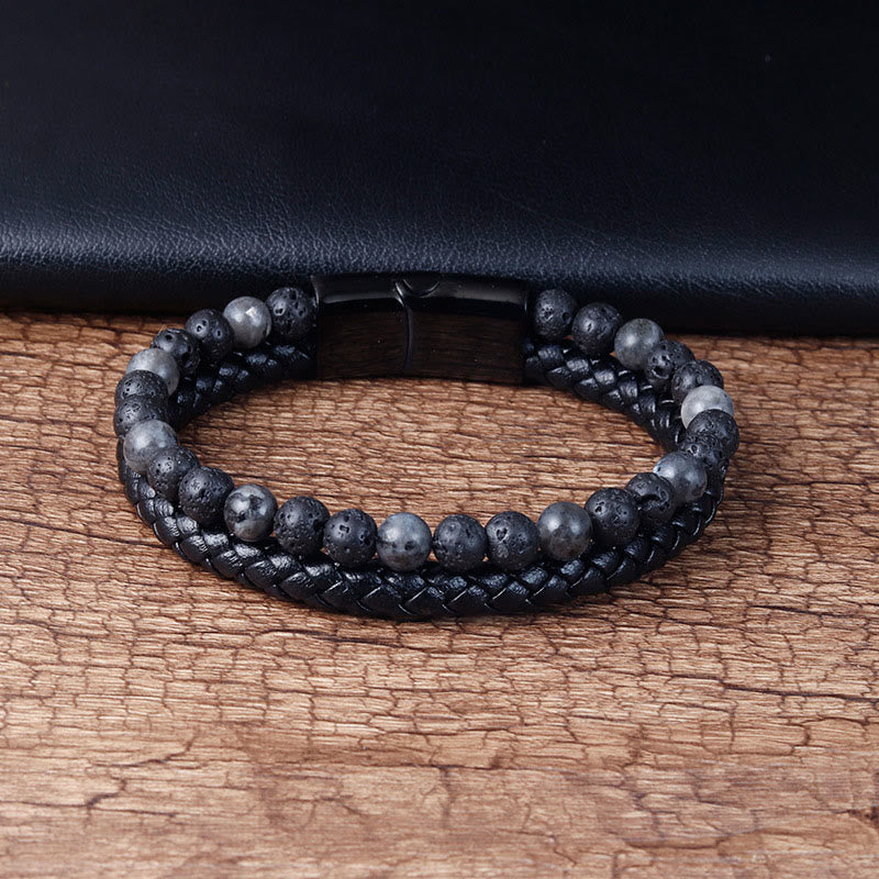 Lava Stone and Titanium Steel Leather Anchor Bracelet