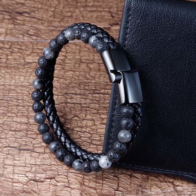 Lava Stone and Titanium Steel Leather Anchor Bracelet