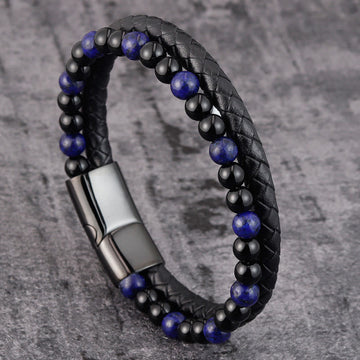 Contemporary Black Onyx and Lapis Lazuli Leather & Titanium Steel Bracelet