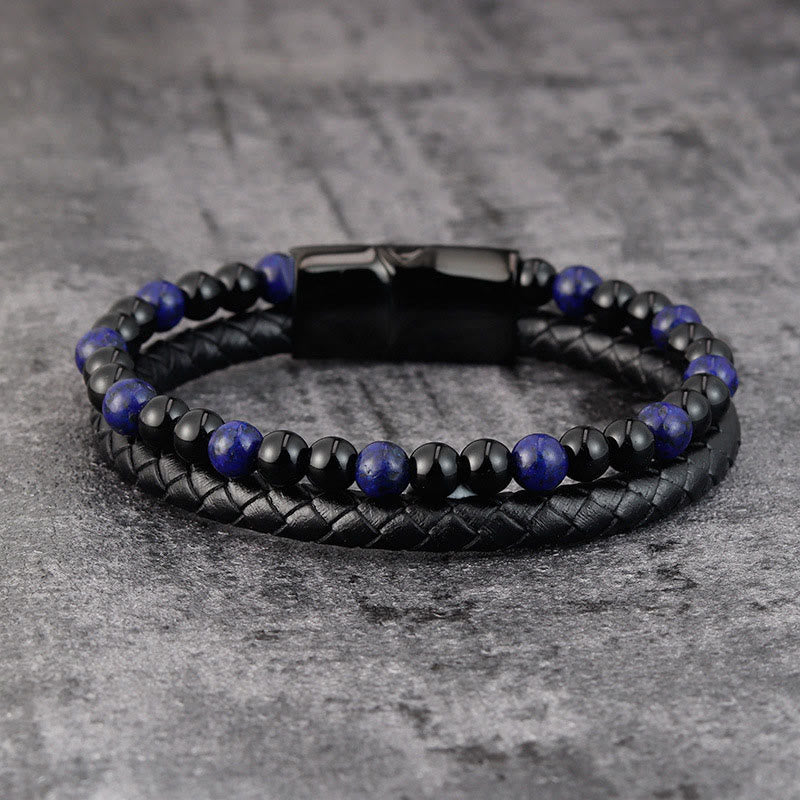Contemporary Black Onyx and Lapis Lazuli Leather & Titanium Steel Bracelet
