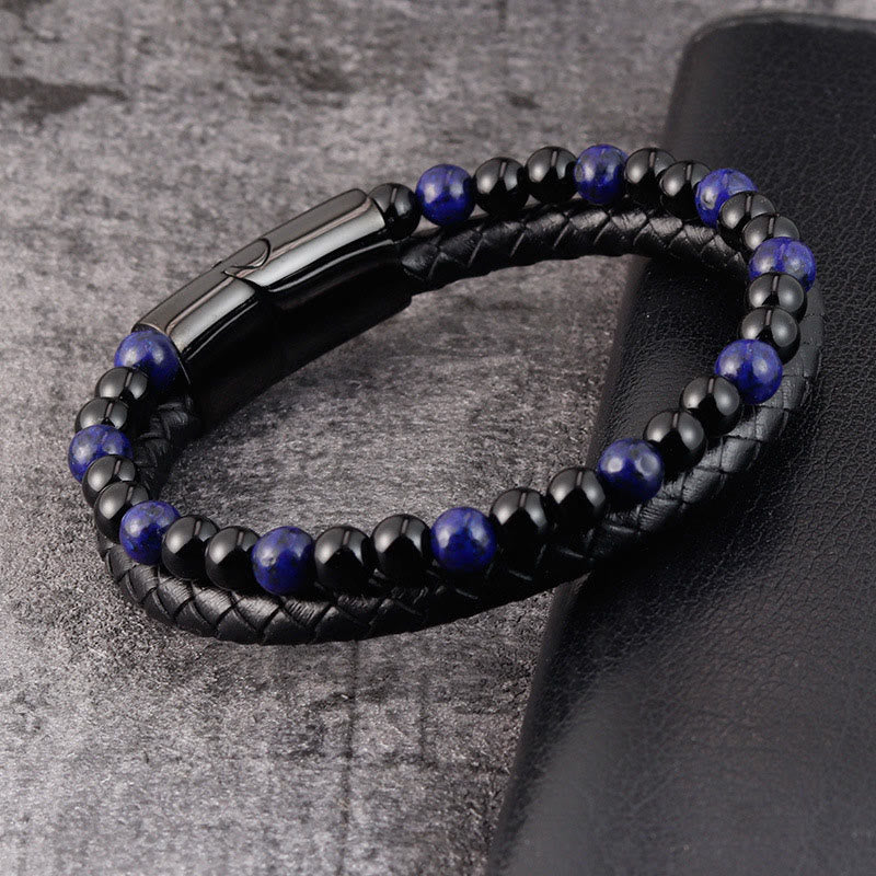 Contemporary Black Onyx and Lapis Lazuli Leather & Titanium Steel Bracelet