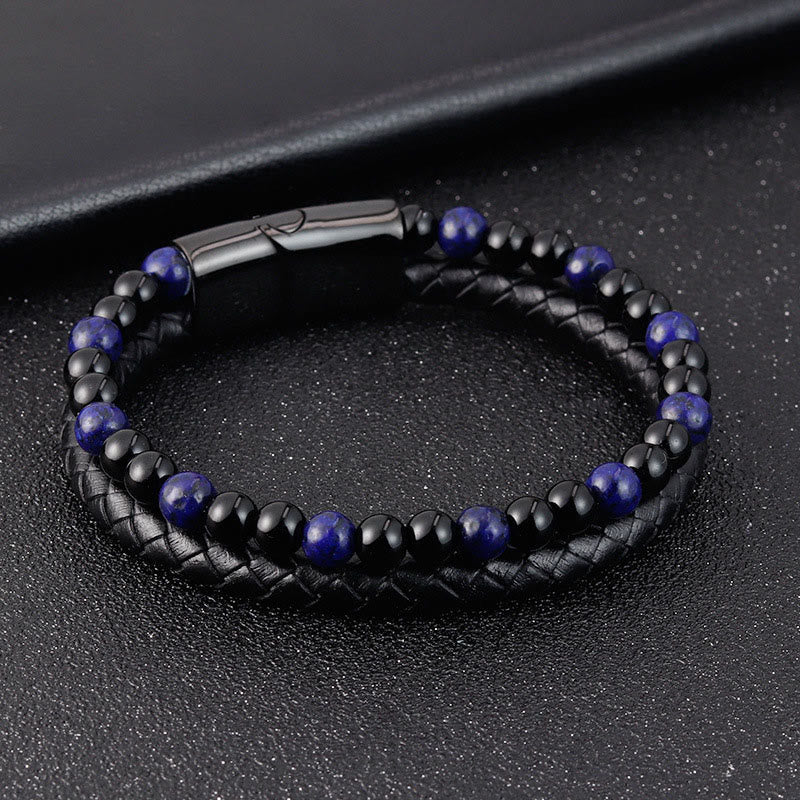 Contemporary Black Onyx and Lapis Lazuli Leather & Titanium Steel Bracelet
