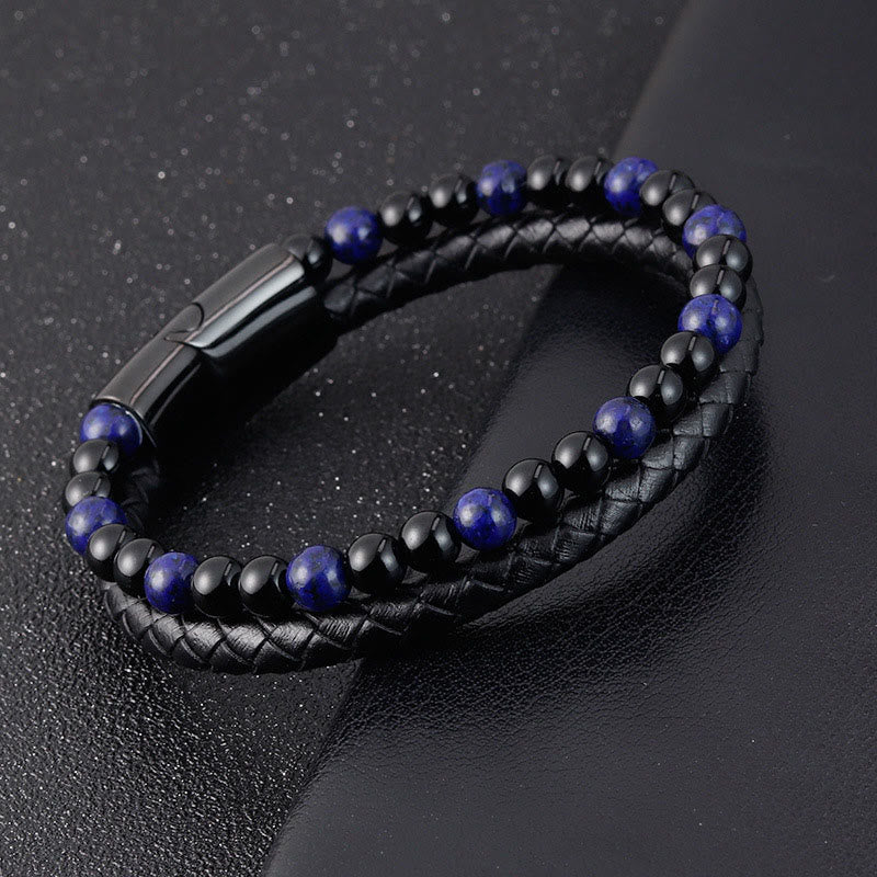 Contemporary Black Onyx and Lapis Lazuli Leather & Titanium Steel Bracelet