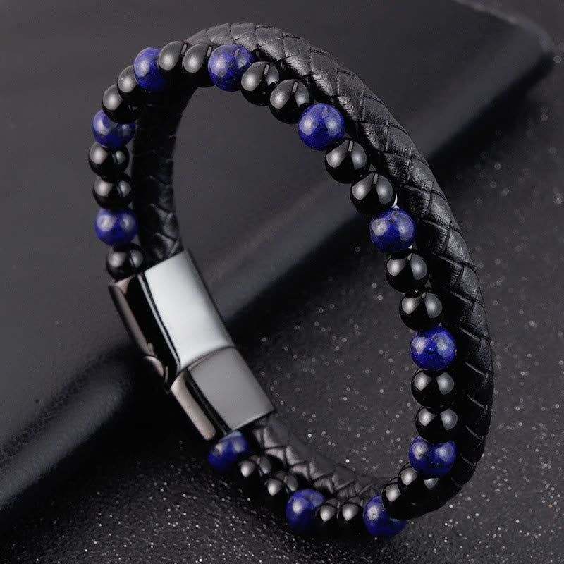 Contemporary Black Onyx and Lapis Lazuli Leather & Titanium Steel Bracelet