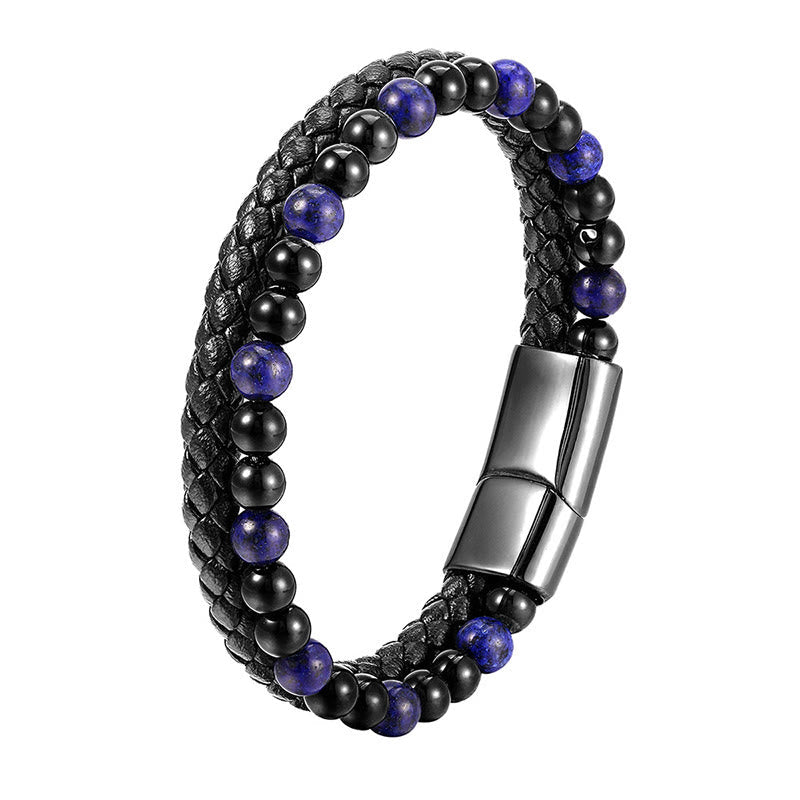 Contemporary Black Onyx and Lapis Lazuli Leather & Titanium Steel Bracelet