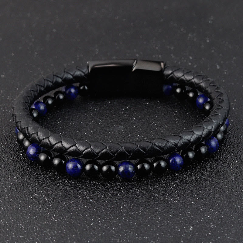 Contemporary Black Onyx and Lapis Lazuli Leather & Titanium Steel Bracelet