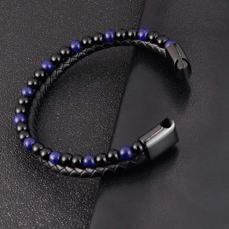 Contemporary Black Onyx and Lapis Lazuli Leather & Titanium Steel Bracelet