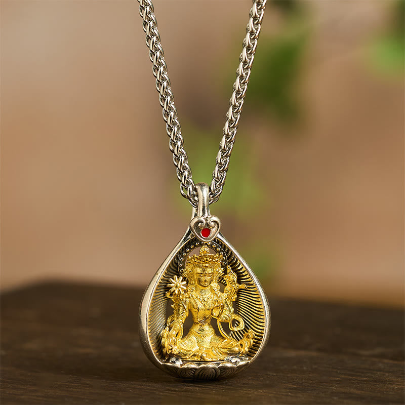Green Tara Shakyamuni Buddha Copper Plated Silver Curb Chain Luck Pendant Necklace