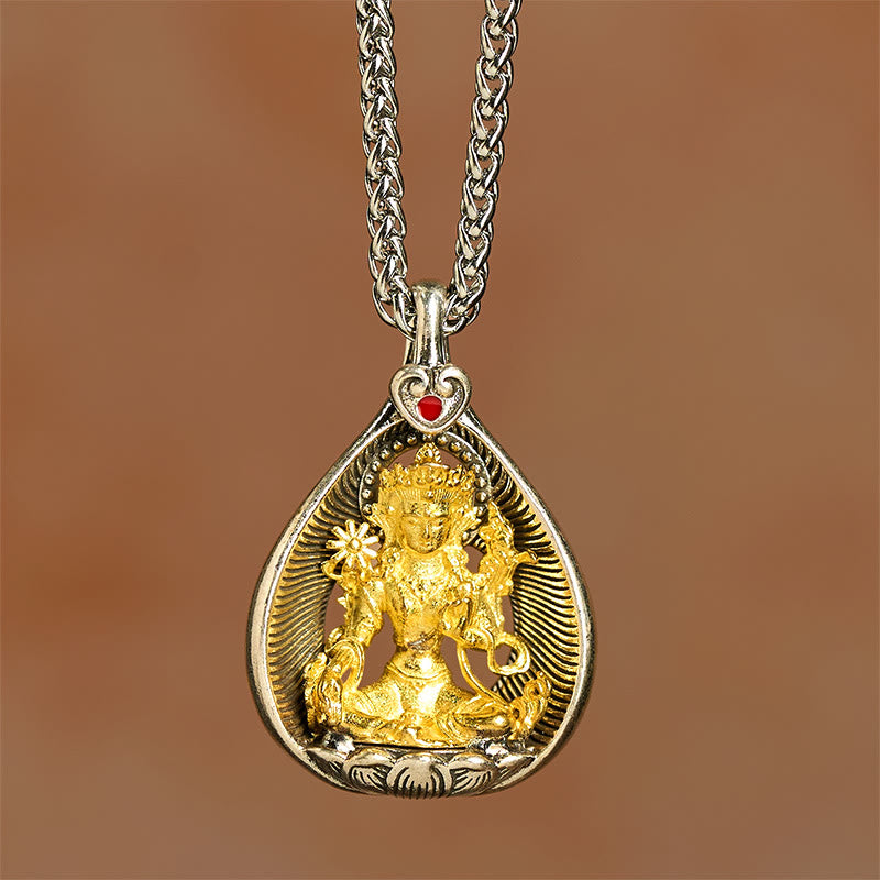 Green Tara Shakyamuni Buddha Copper Plated Silver Curb Chain Luck Pendant Necklace