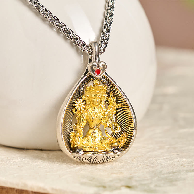 Green Tara Shakyamuni Buddha Copper Plated Silver Curb Chain Luck Pendant Necklace