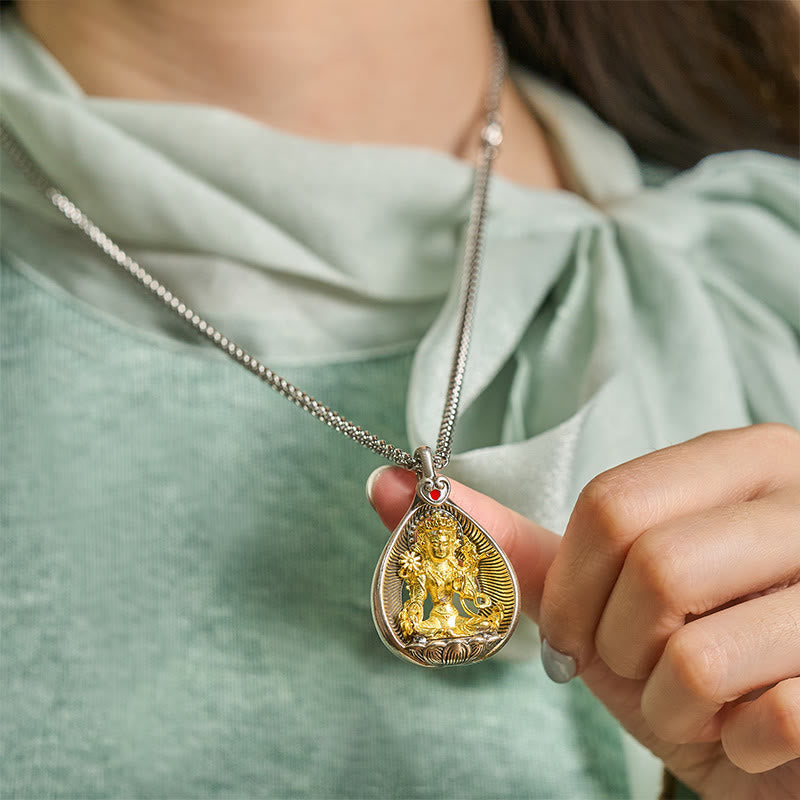 Green Tara Shakyamuni Buddha Copper Plated Silver Curb Chain Luck Pendant Necklace