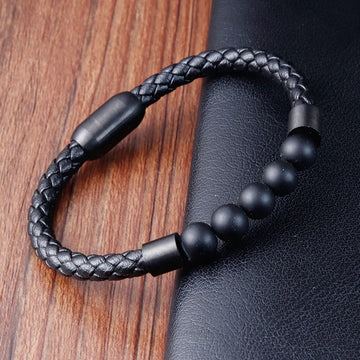 Modern Titanium Steel & Leather Energy Bracelet with Stone Options