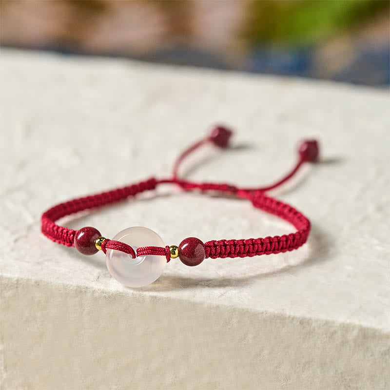 White & Red Agate Ping An Kou Peace Buckle Red String Knot Bracelet