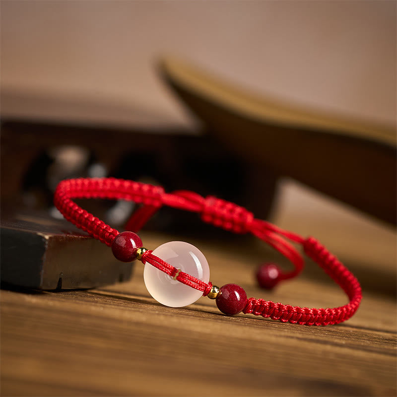 White & Red Agate Ping An Kou Peace Buckle Red String Knot Bracelet