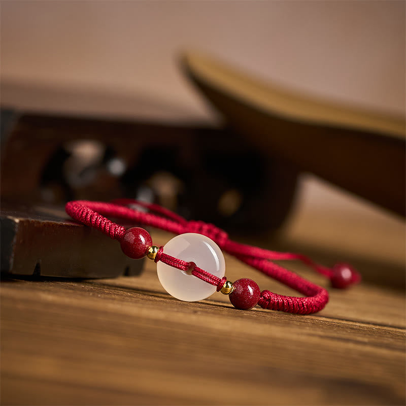 White & Red Agate Ping An Kou Peace Buckle Red String Knot Bracelet