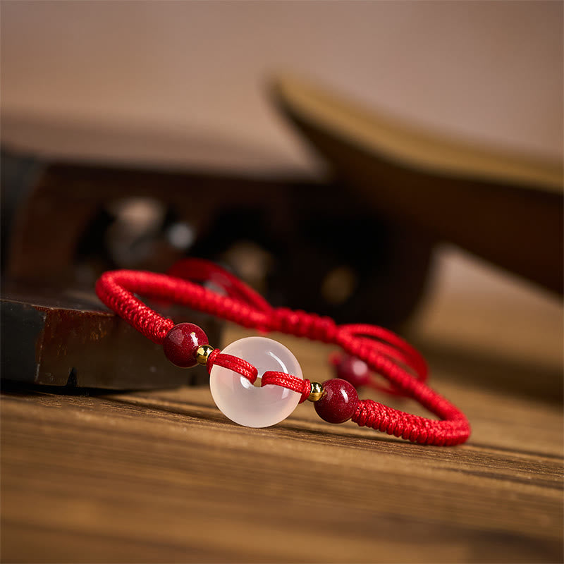 White & Red Agate Ping An Kou Peace Buckle Red String Knot Bracelet