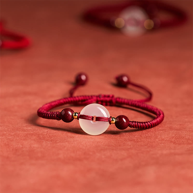 White & Red Agate Ping An Kou Peace Buckle Red String Knot Bracelet