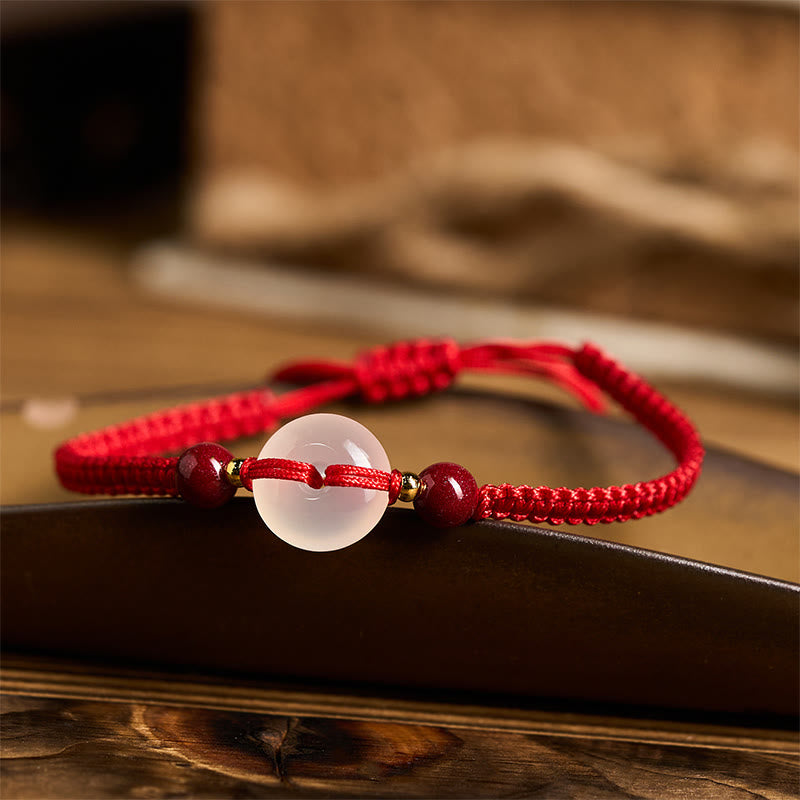 White & Red Agate Ping An Kou Peace Buckle Red String Knot Bracelet