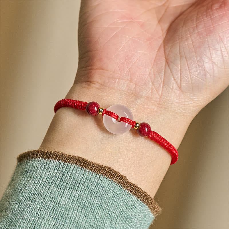 White & Red Agate Ping An Kou Peace Buckle Red String Knot Bracelet