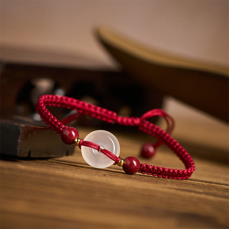 White & Red Agate Ping An Kou Peace Buckle Red String Knot Bracelet