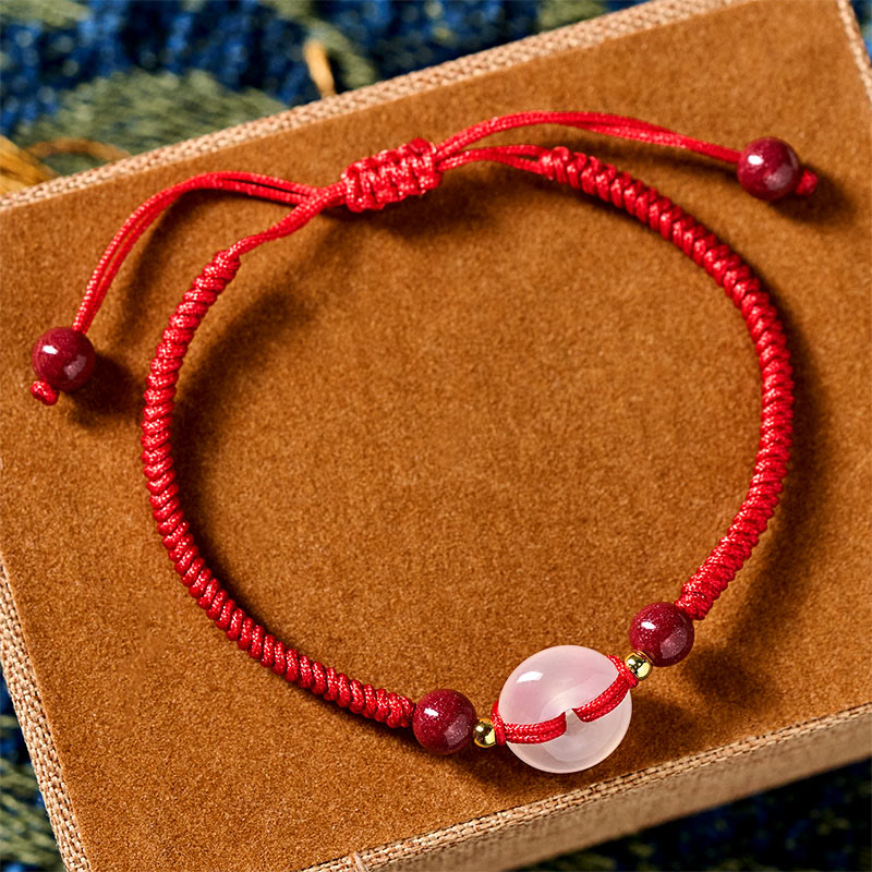 White & Red Agate Ping An Kou Peace Buckle Red String Knot Bracelet