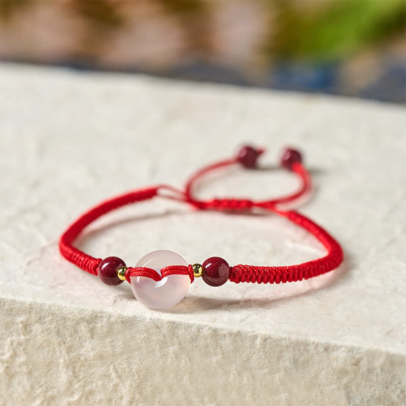 White & Red Agate Ping An Kou Peace Buckle Red String Knot Bracelet