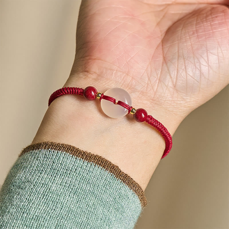 White & Red Agate Ping An Kou Peace Buckle Red String Knot Bracelet