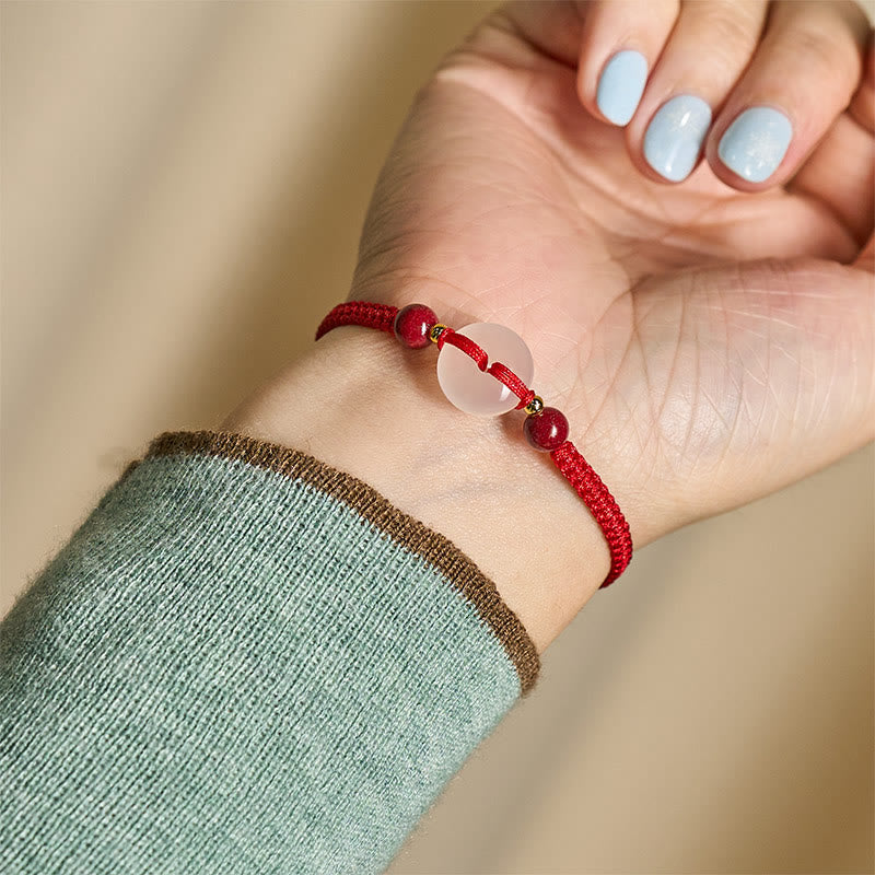White & Red Agate Ping An Kou Peace Buckle Red String Knot Bracelet