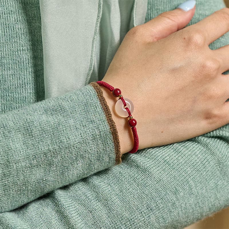 White & Red Agate Ping An Kou Peace Buckle Red String Knot Bracelet